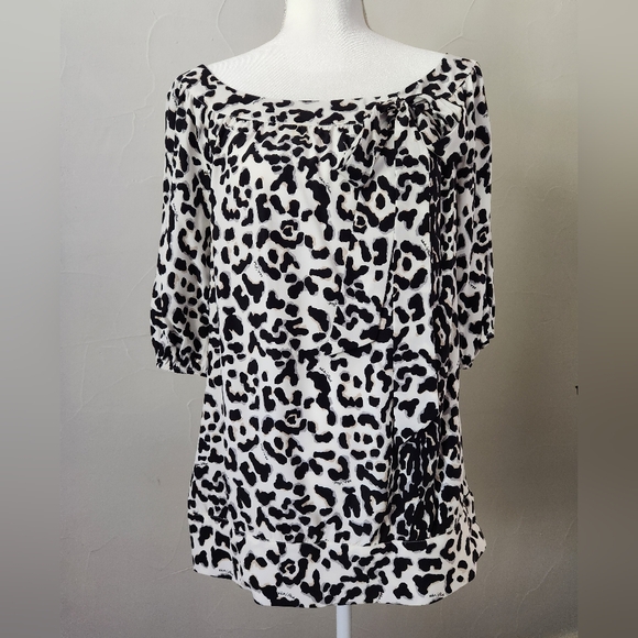 White House Black Market Tops - White House Black Market Black and White Leopard-Print 100% Silk Blouse